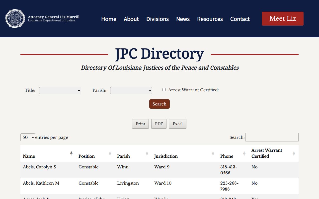 Louisiana Attorney General justice court directory used for DeSoto Parish municipal court warrant questions