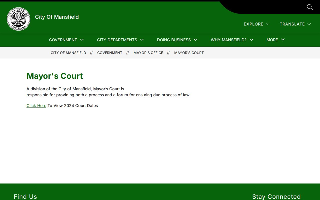Mansfield Mayor's Court page used for DeSoto Parish municipal court warrant records