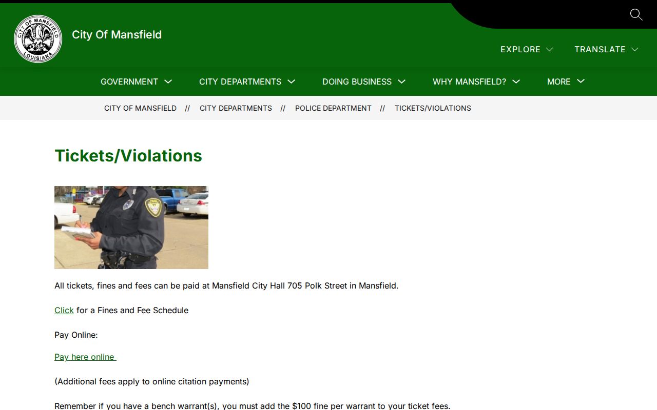 Mansfield tickets and violations page for city warrant records