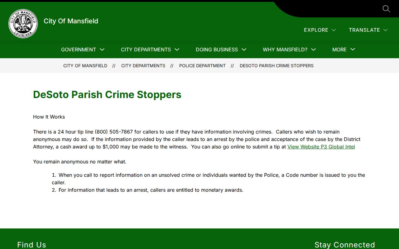 DeSoto Parish Crime Stoppers page for most wanted tip reporting