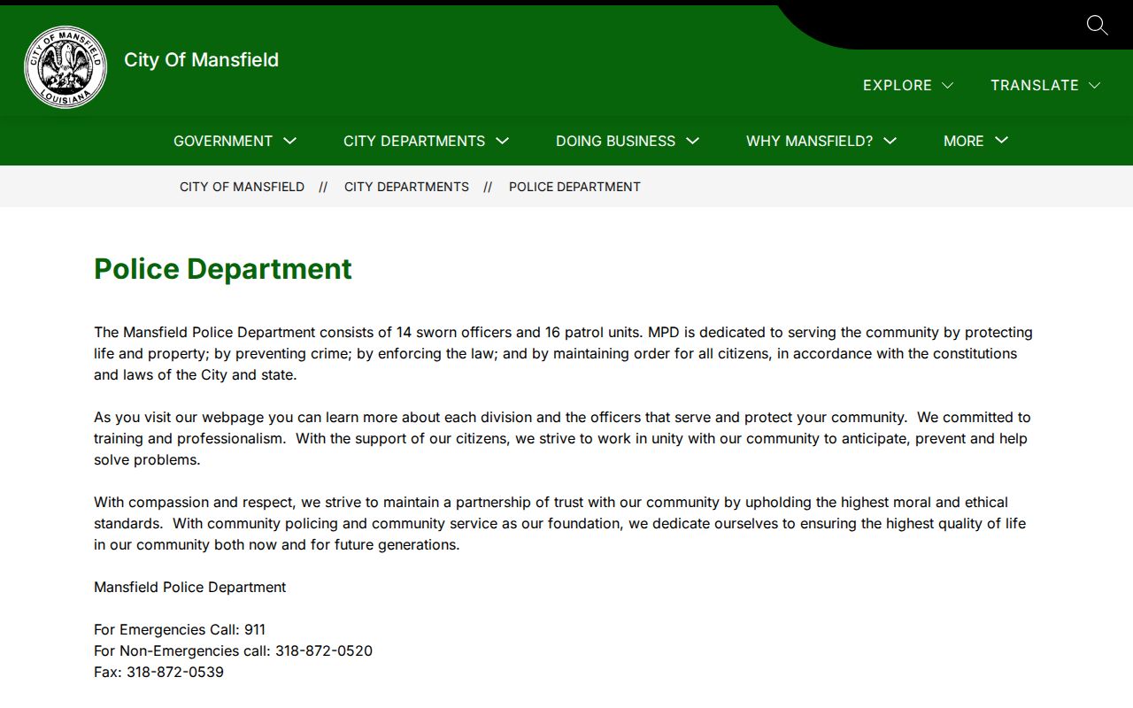 Mansfield Police Department page used for Mansfield warrant records questions