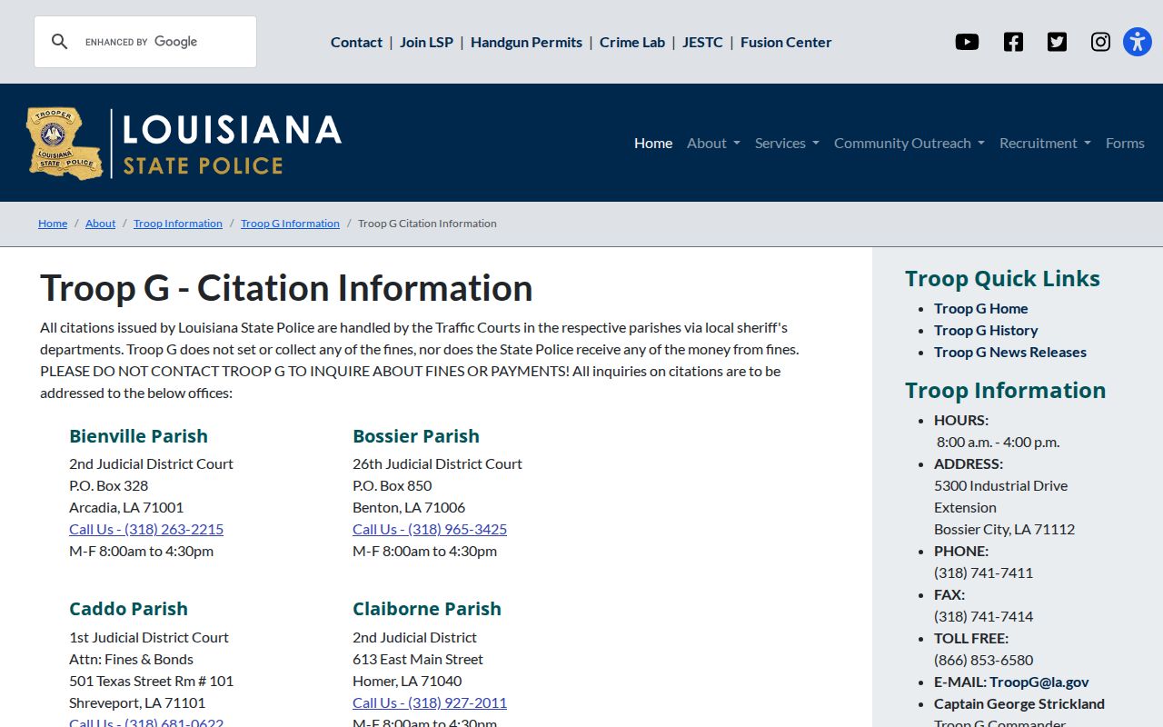 Louisiana State Police Troop G citation routing information for DeSoto Parish traffic warrants