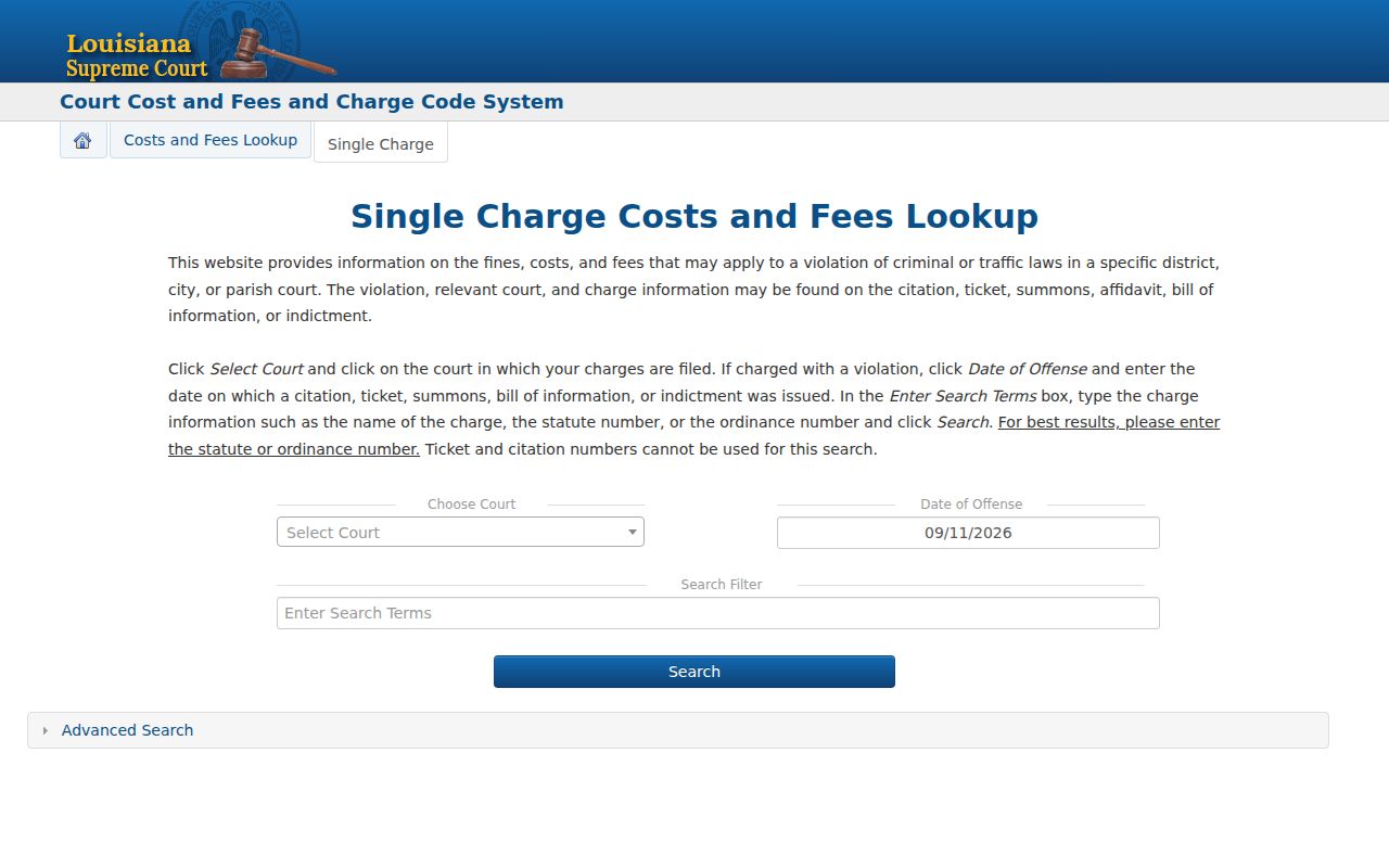 Louisiana charge and cost lookup used to read a charge on a DeSoto Parish arrest warrant