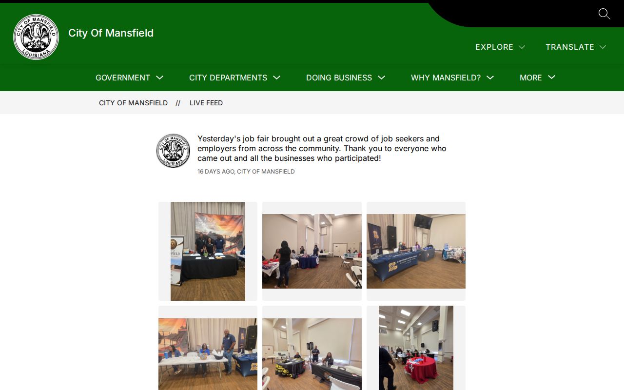Mansfield municipal announcements page used for DeSoto Parish warrant records access