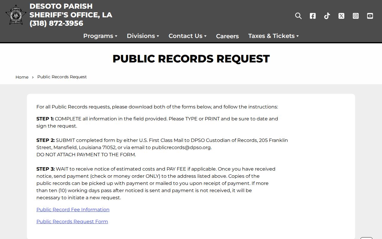DeSoto Parish Sheriff public records request page used for warrant record requests