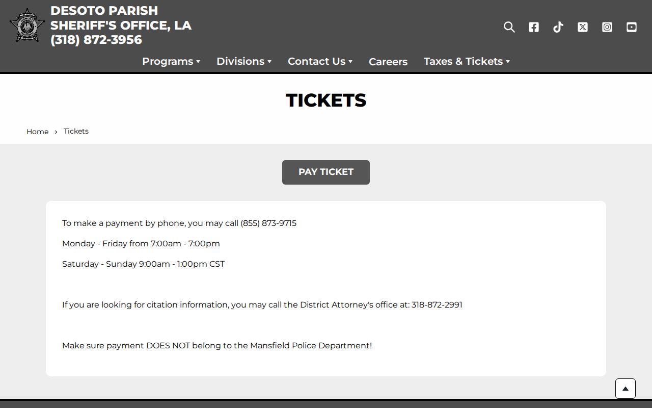 DeSoto Parish Sheriff tickets landing page for traffic warrant questions